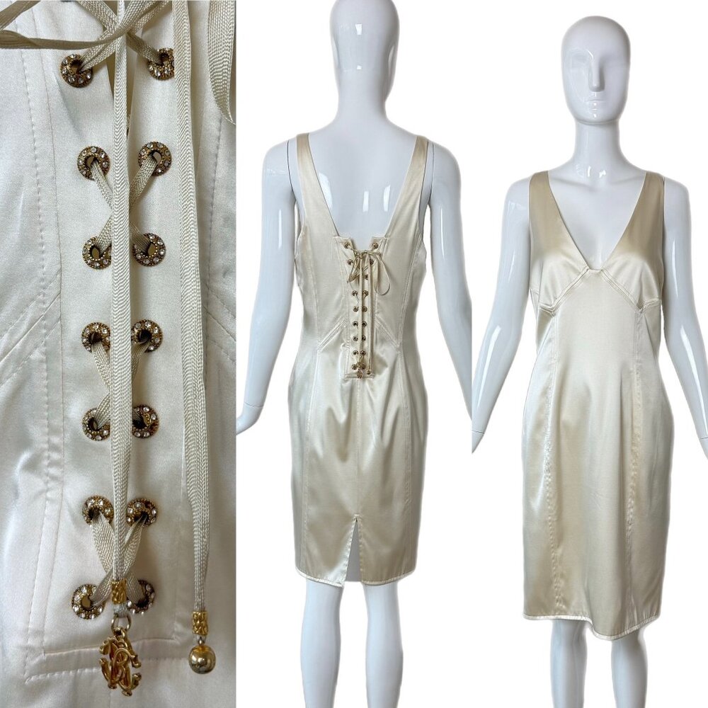 ROBERTO CAVALLI 2006 Silk Ivory Corset Back Knee Length Dress